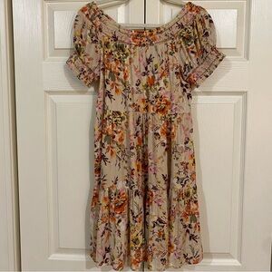 Angie Cream and Orange dress with Puffed Sleeves and Ruffled Neckline